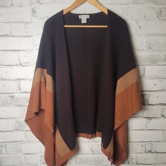 Corti Italy Wool Blend Poncho Cardigan One Size Brown Black Open Front Wrap - Picture 2 of 11